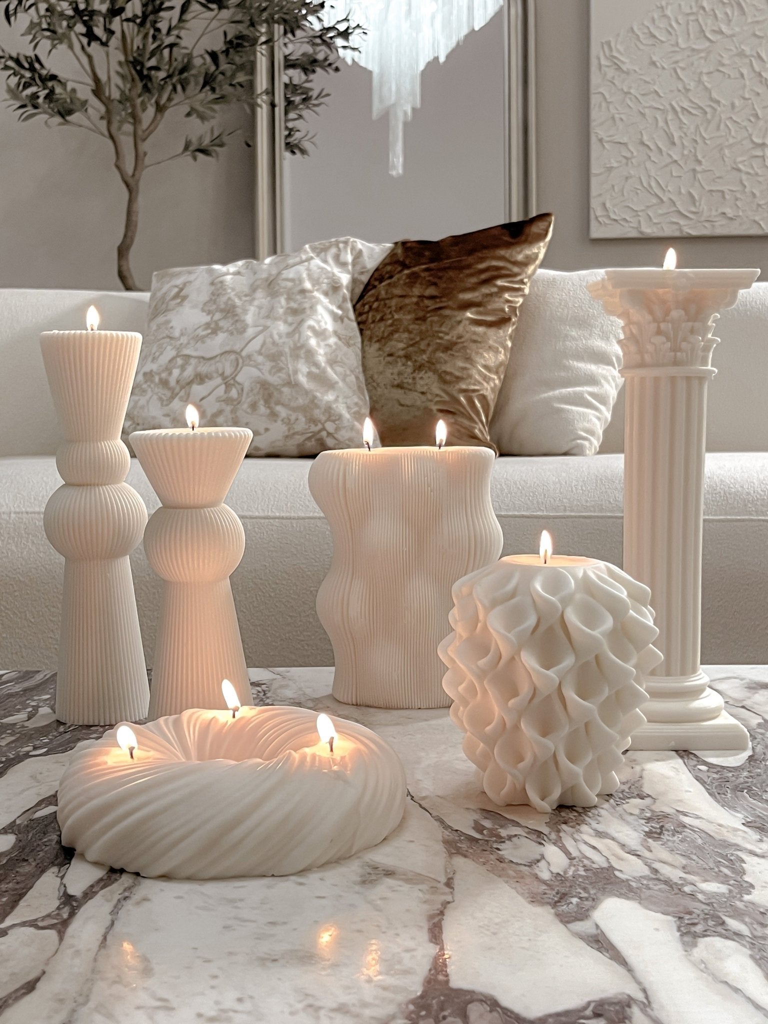 Enzo XXL Pillar Candle Set of 2 in Sculpture White