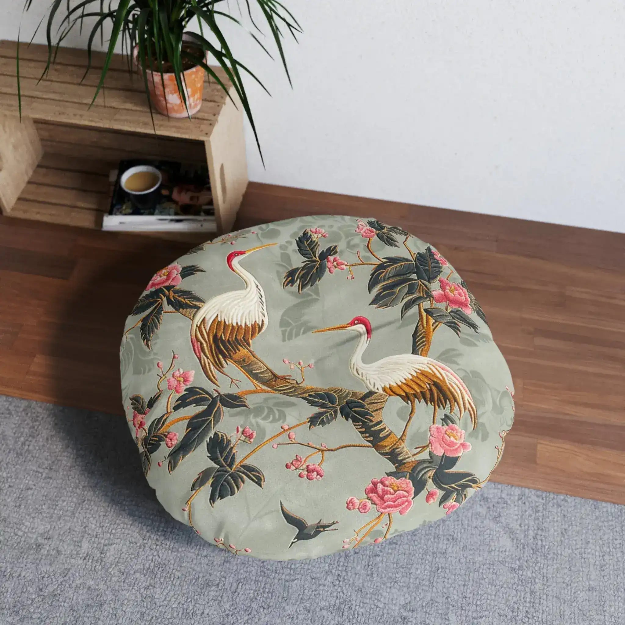 Graceful Crane and Blossom Pattern Floor Pillow
