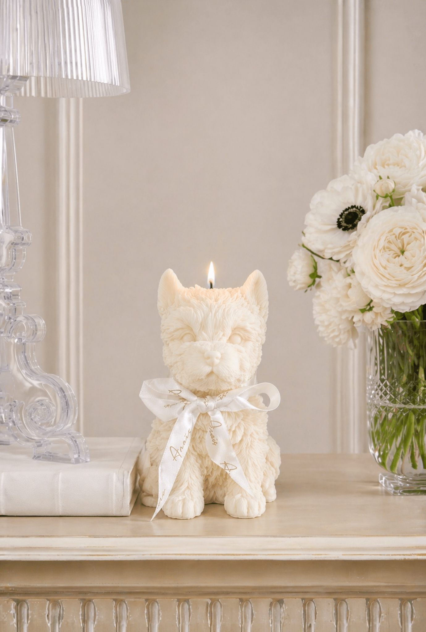 Charming White Terrier Puppy Candle