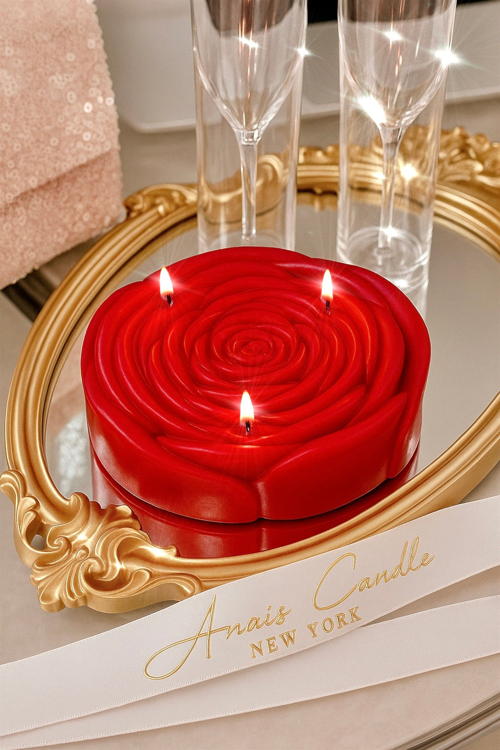 3-Wick Rosette d’Anaïs Flower Candle in Red