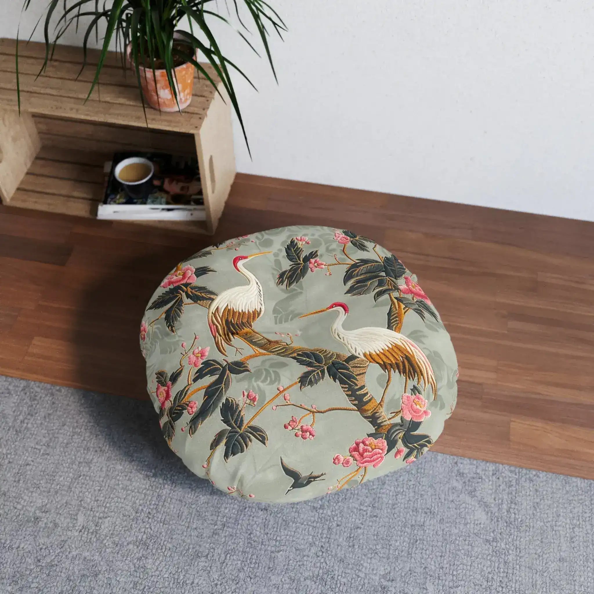 Graceful Crane and Blossom Pattern Floor Pillow
