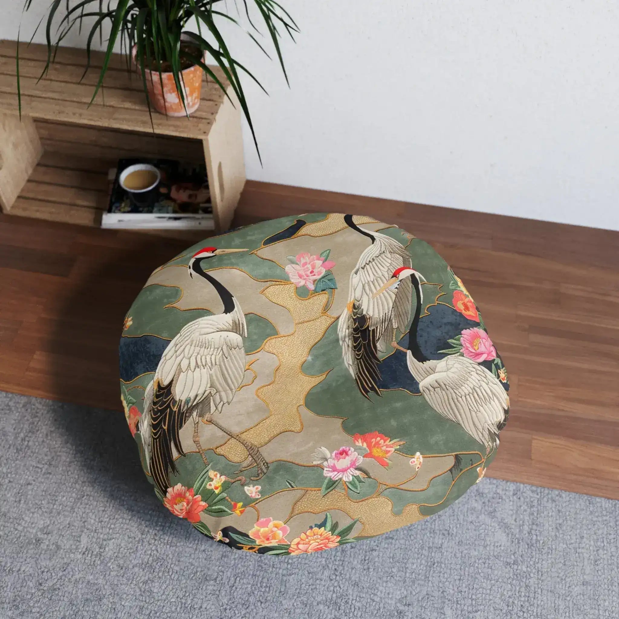 Elegant Crane and Floral Pattern Floor Pillow
