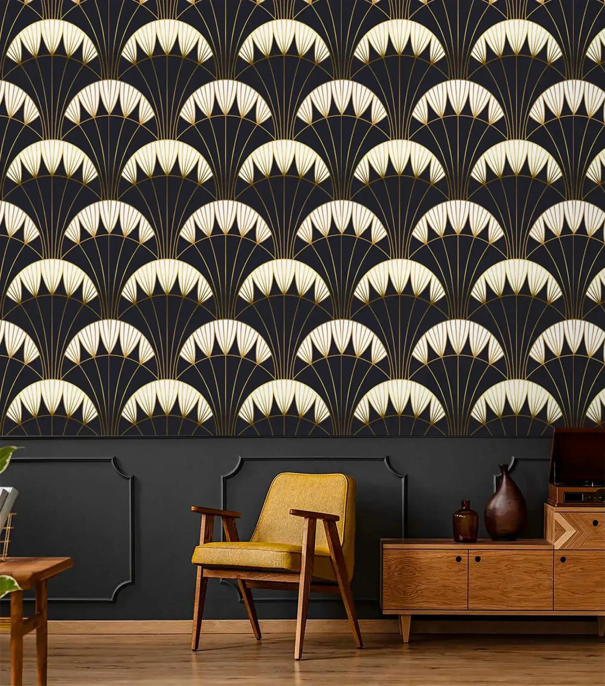 Ethereal Glam: Art Deco Black Gold Wallpaper