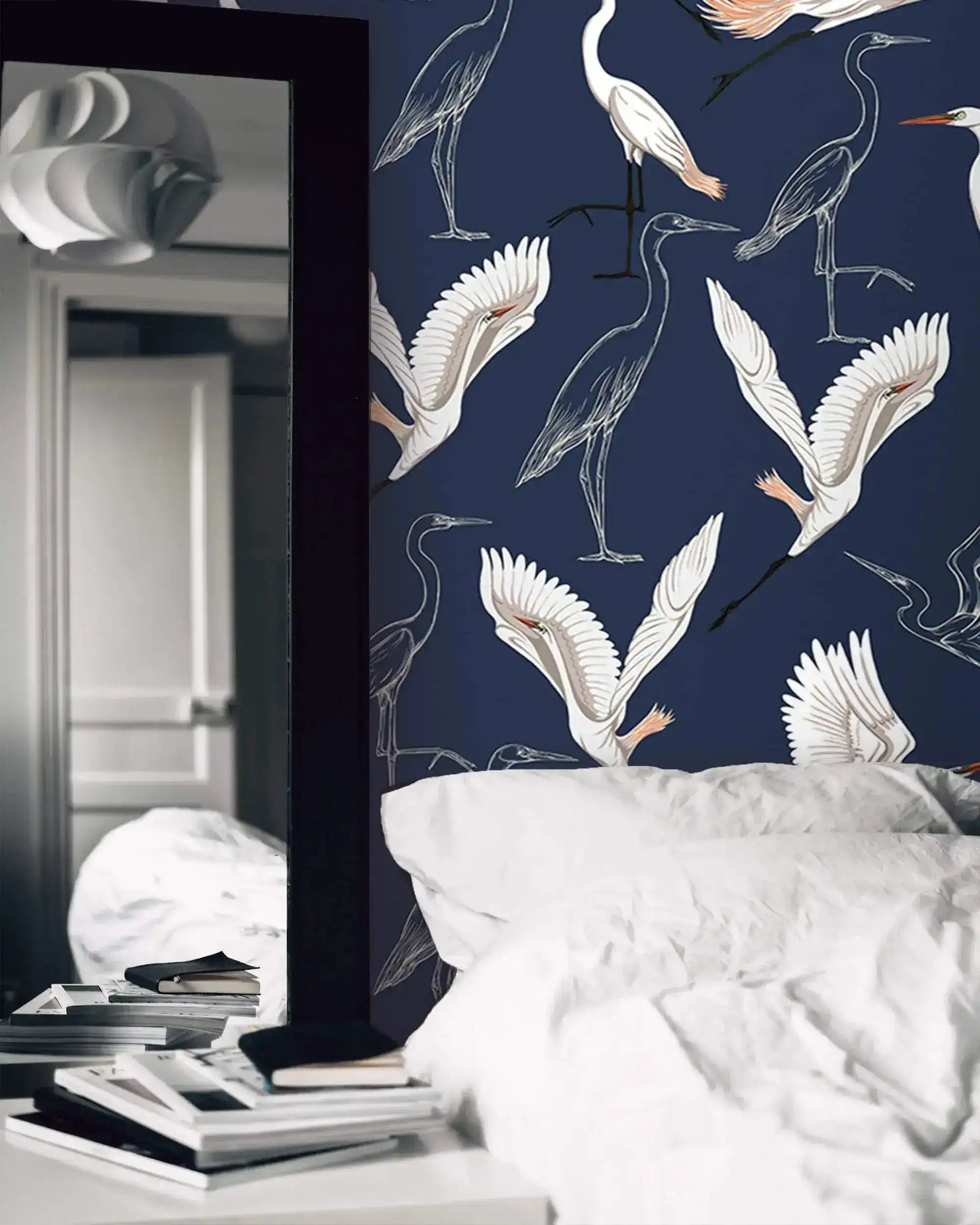 Vibrant Crane Silhouette Navy Wallpaper