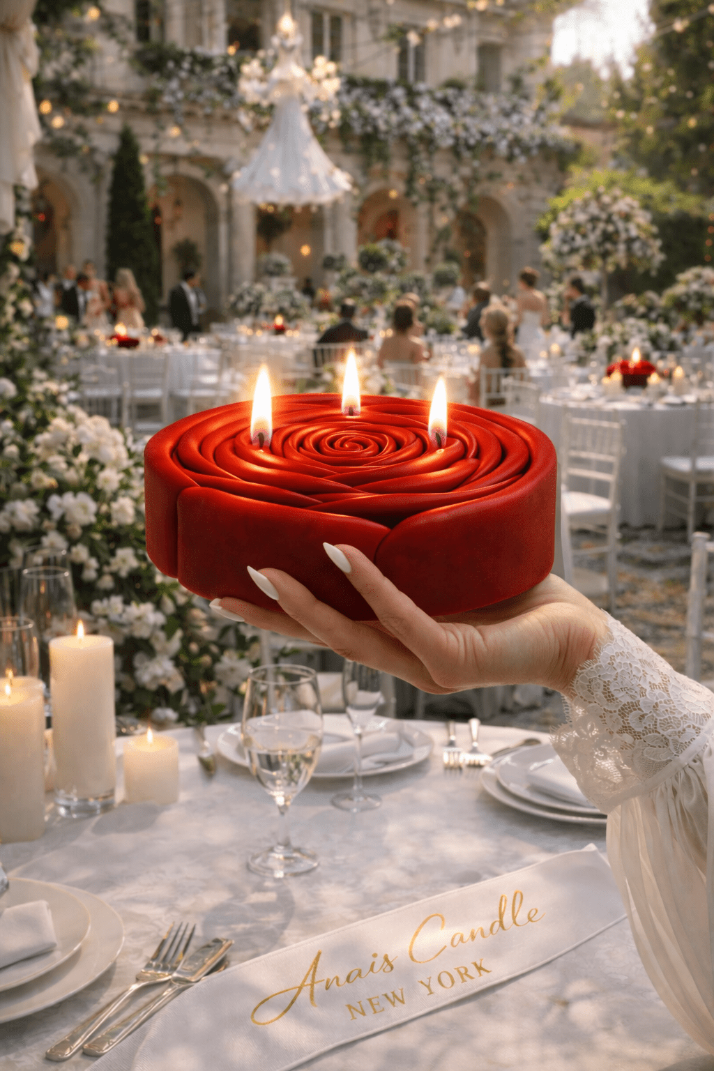 3-Wick Rosette d’Anaïs Flower Candle in Red