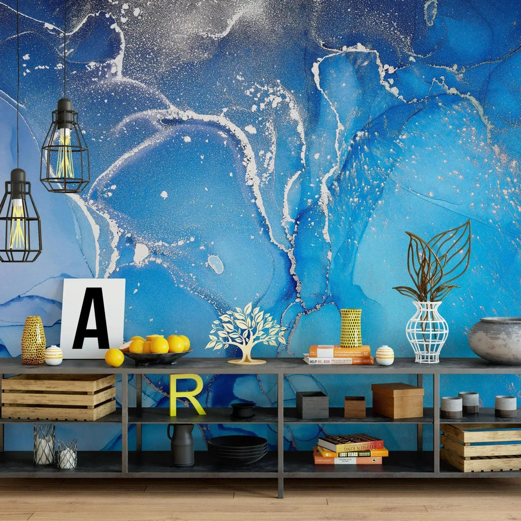 Blue Watercolor Paint Abstract Marble Wall Mural