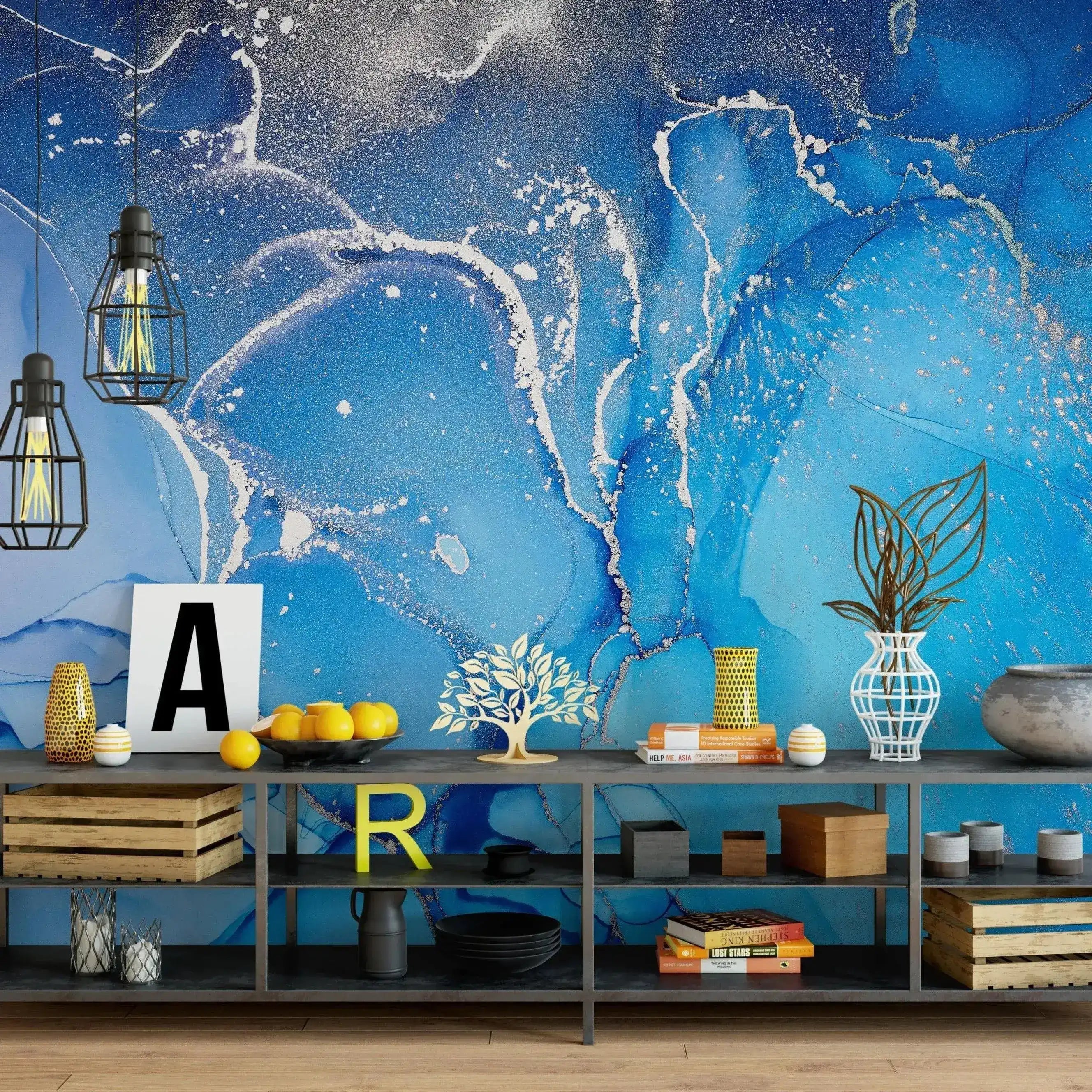 Blue Watercolor Paint Abstract Marble Wall Mural