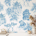 Blue and White Chinoiserie Tiger Pagoda Wallpaper