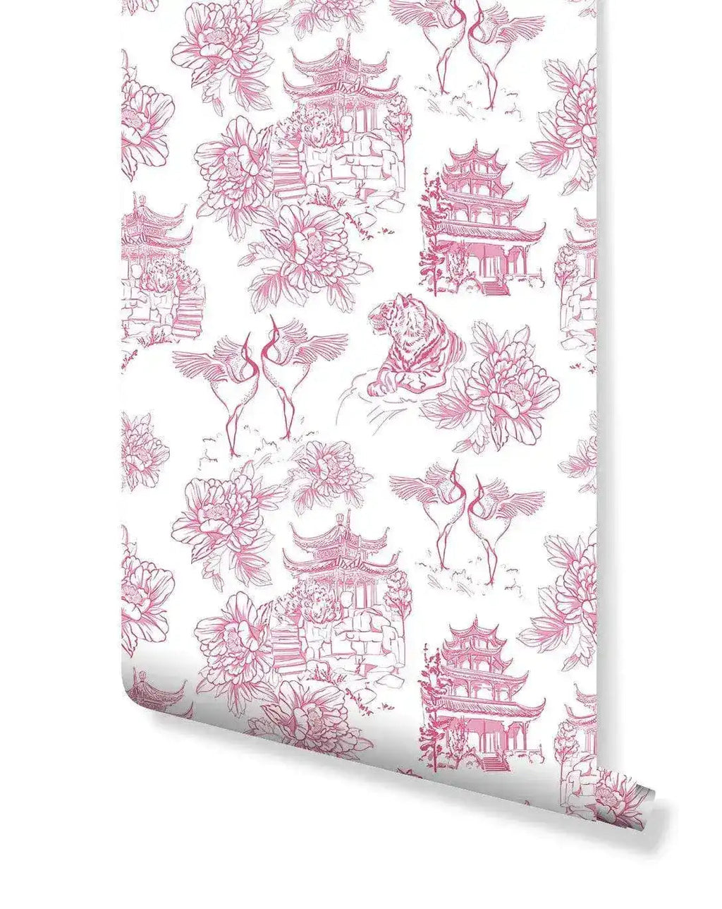 Blue and White Chinoiserie Tiger Pagoda Wallpaper