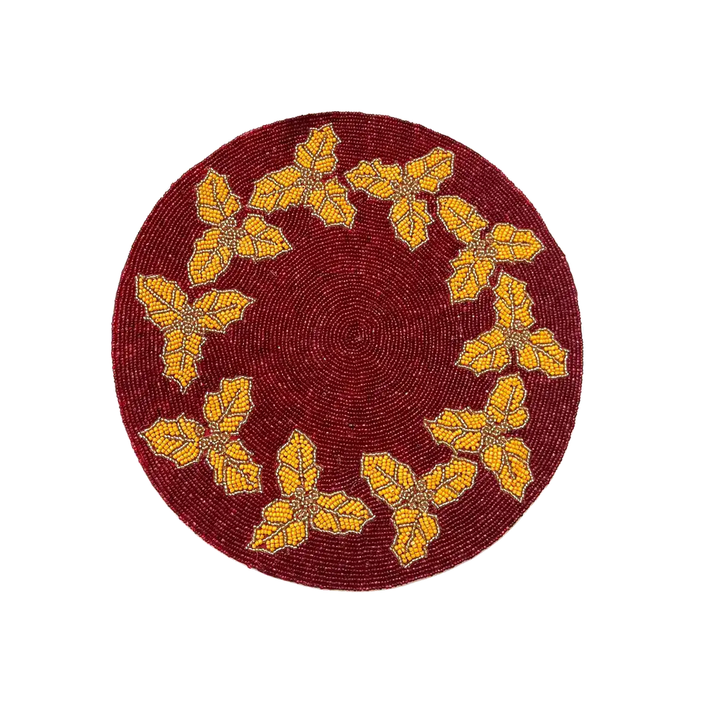 Christmas Holly Berry Round Beaded Placemat - Gold - Set of 6