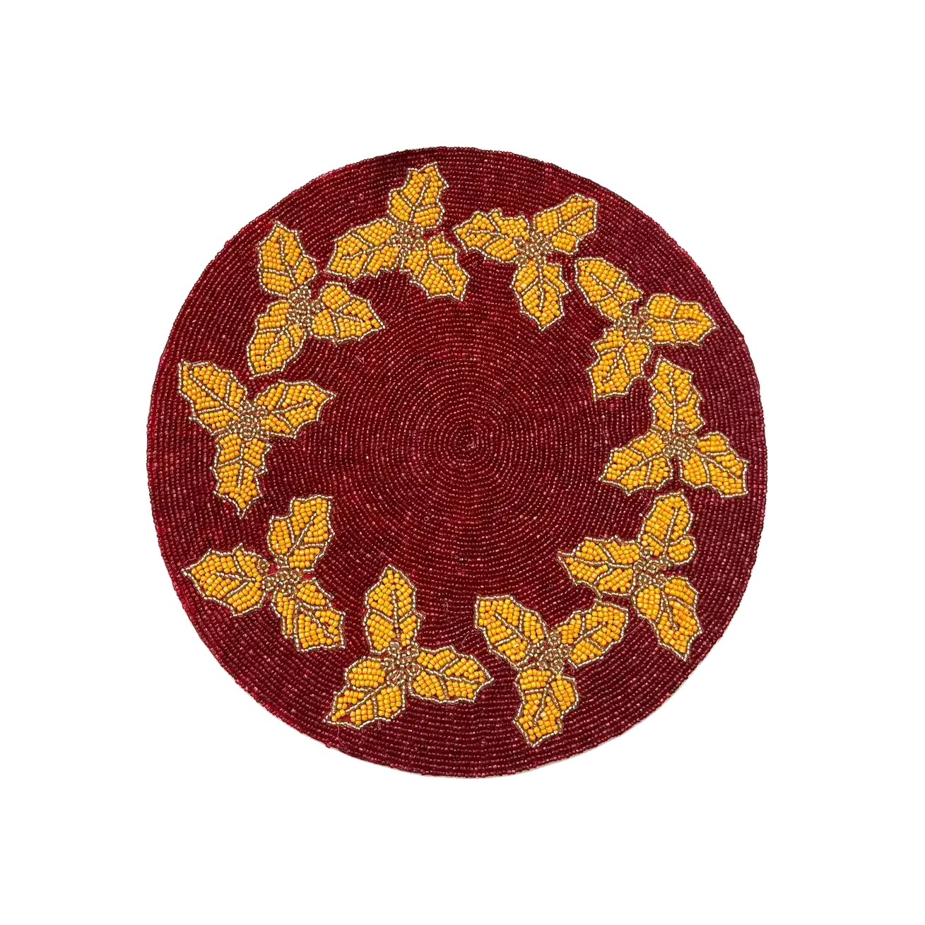 Christmas Holly Berry Round Beaded Placemat - Gold - Set of 6