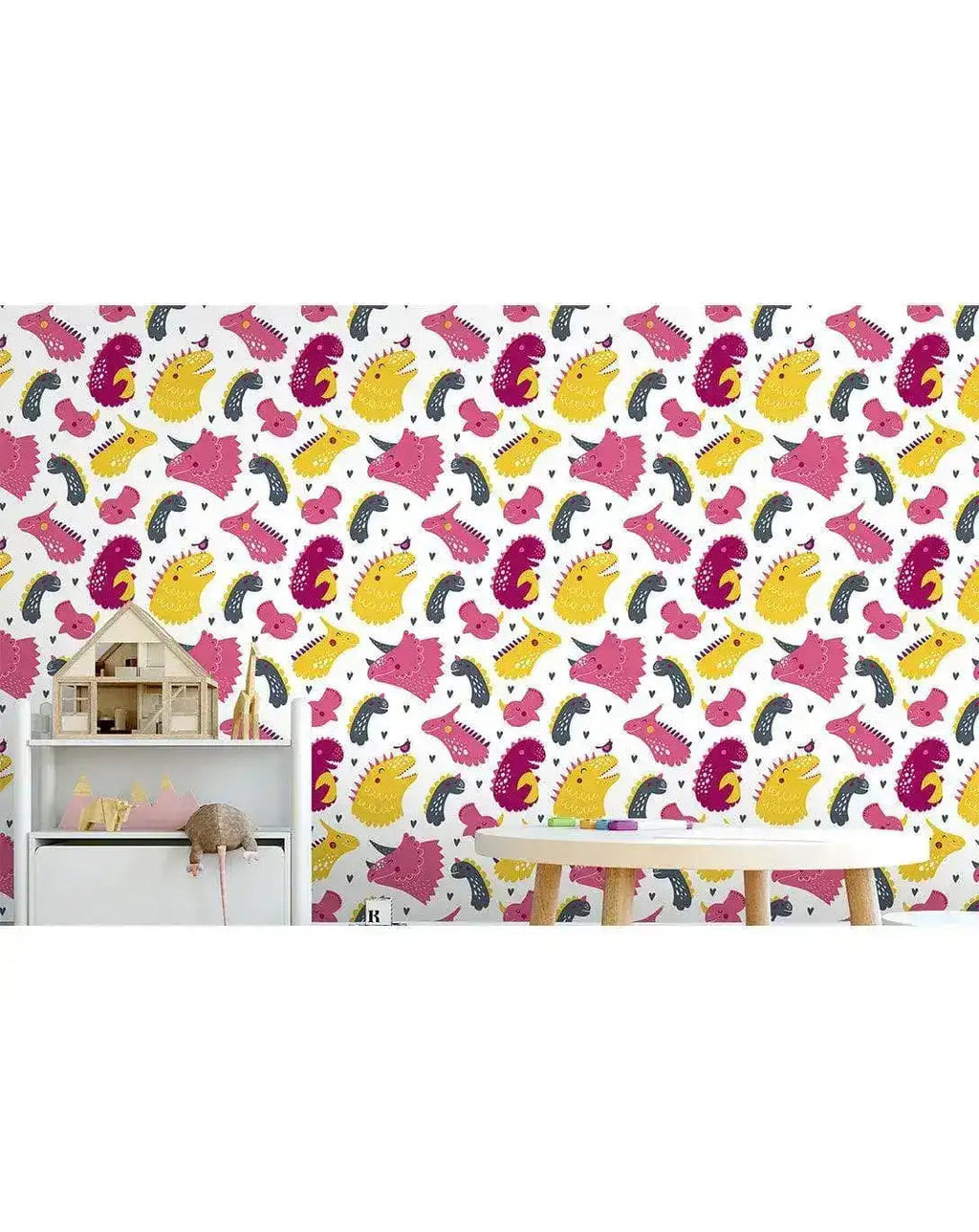 Cute Pink Yellow Dinosaurs Removable Wallpaper