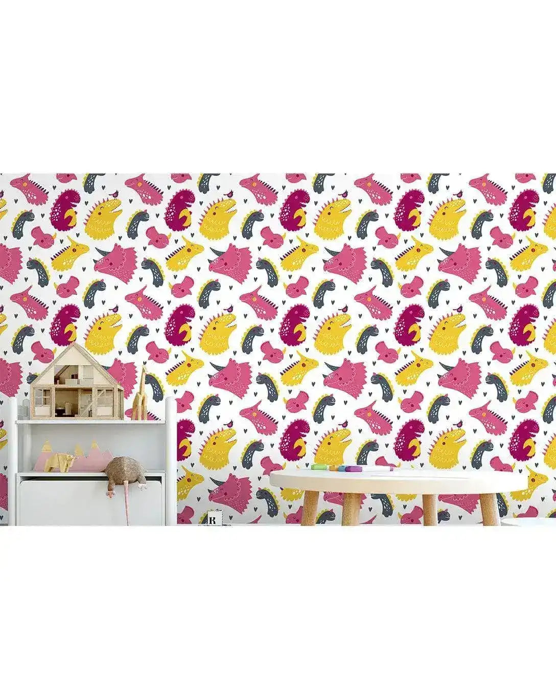 Cute Pink Yellow Dinosaurs Removable Wallpaper