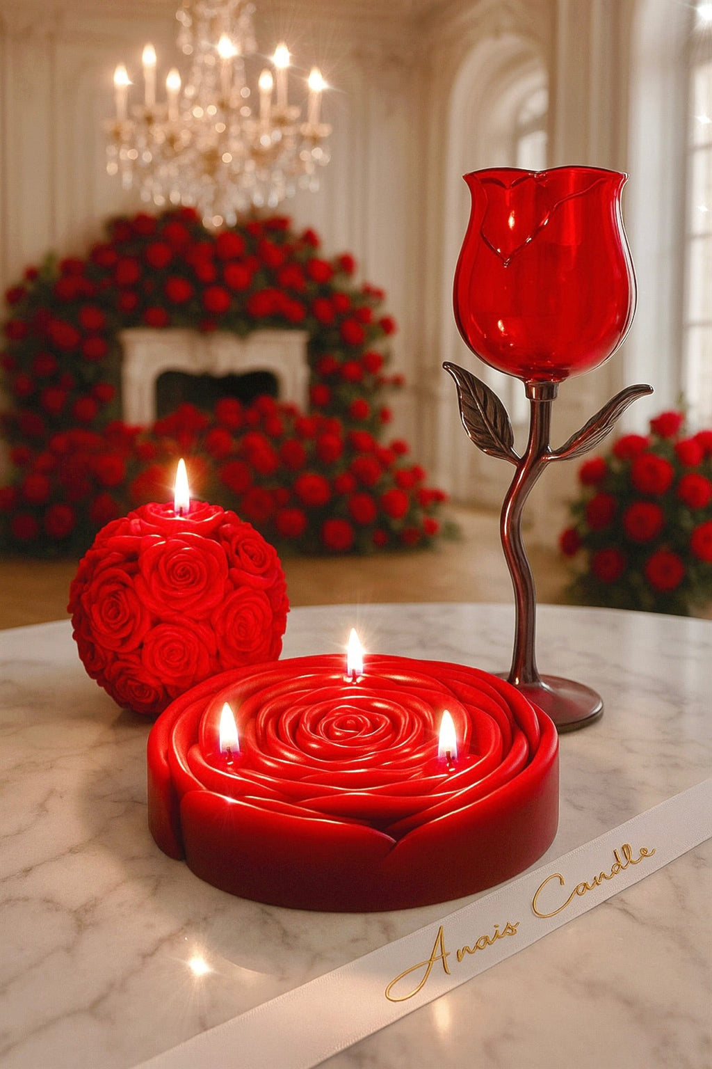 3-Wick Rosette d’Anaïs Flower Candle in Red