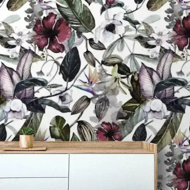 Dramatic Oversized Exotic Floral Watercolor Wallpaper