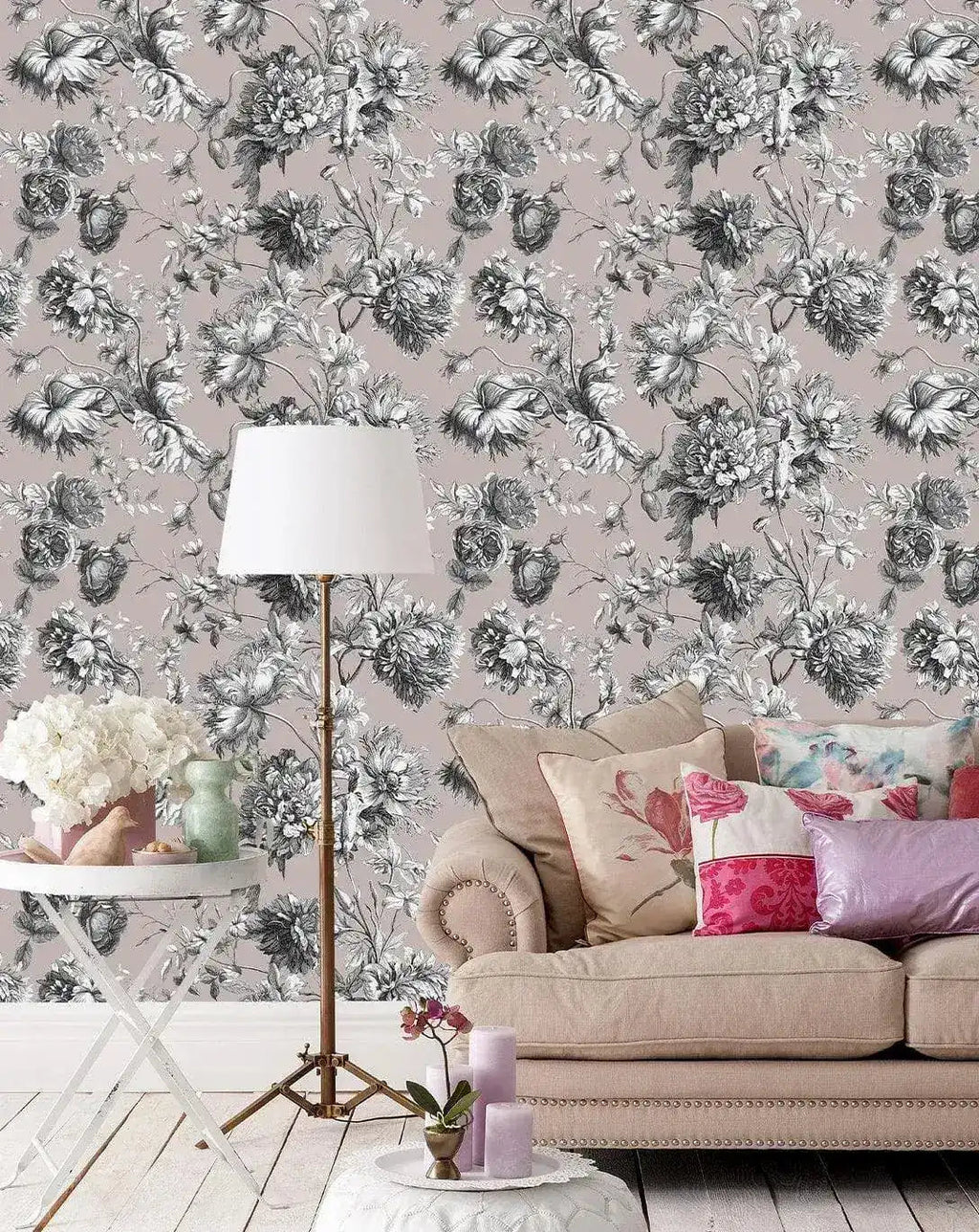 French Toile Pink Flower Provence Vintage Romantic Wallpaper