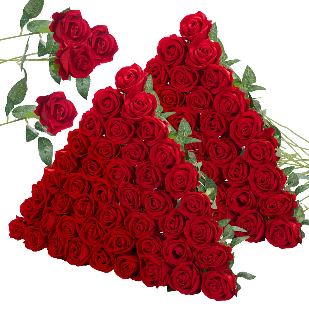 InnoGear 100 Pcs Red Roses Artificial Flowers, Fake Velvet Silk Rose Bulk Faux Flower for Decoration DIY Wedding Centerpieces Proposal Bridal Bouquets Shower Party Home Floral Decor (100, Red)