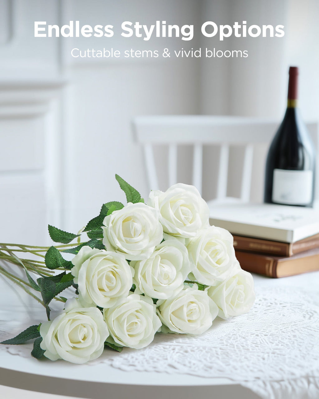 InnoGear 50 Pcs White Roses Artificial Flowers, Fake Velvet Silk Rose Bulk Faux Flower for Decoration DIY Wedding Centerpieces Proposal Bridal Bouquets Shower Party Home Floral Decor (50, White)