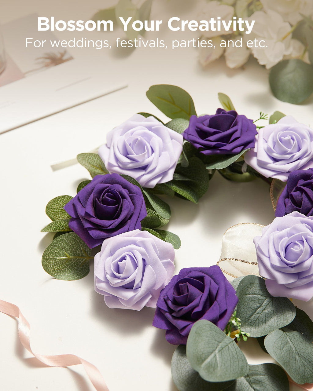 InnoGear Artificial Flowers, 50 Pcs Dusty Purple Foam Fake Roses Bulk with Stems for Decoration DIY Wedding Bouquets Centerpieces Bridal Shower Party Valentines Christmas Tree