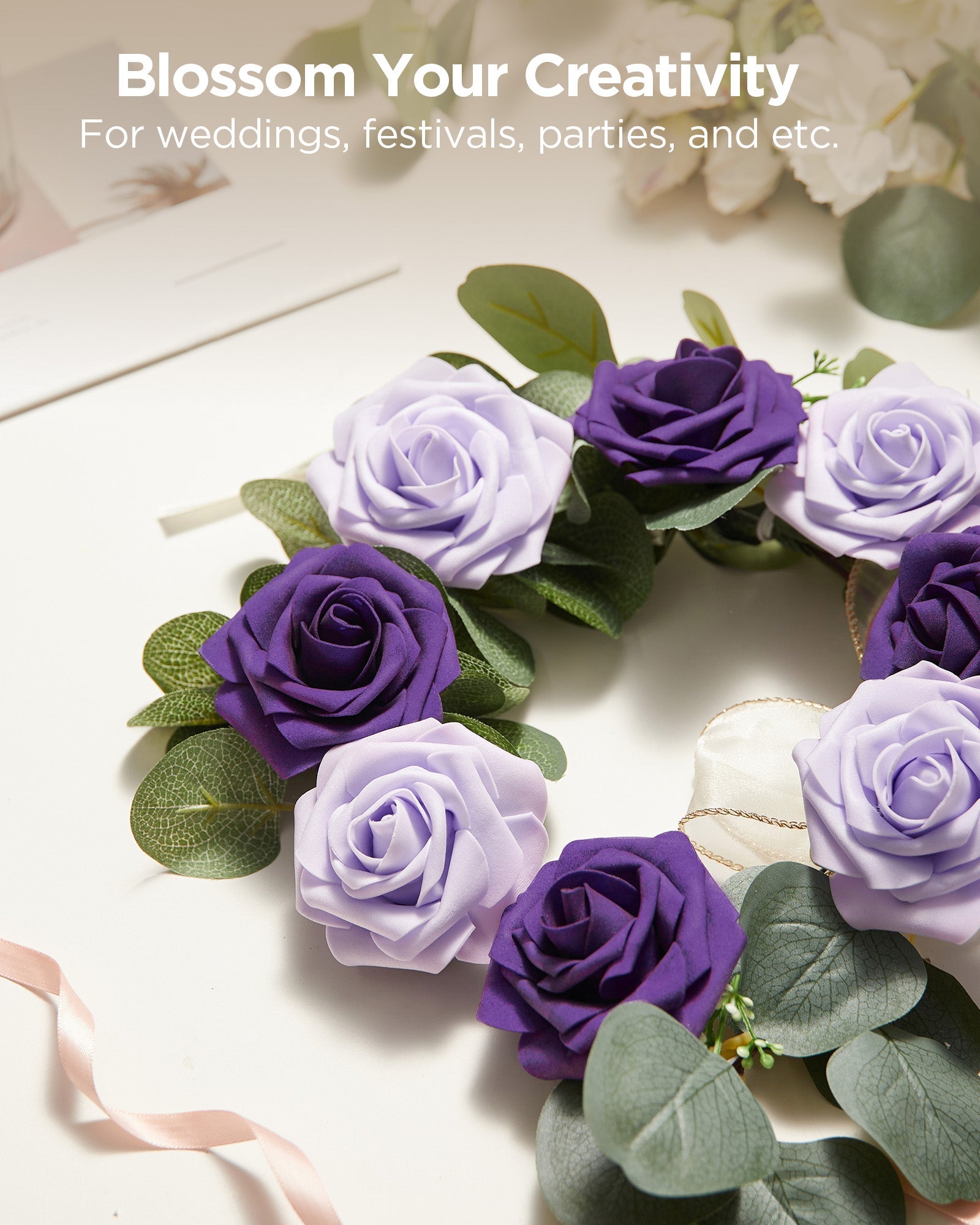 InnoGear Artificial Flowers, 50 Pcs Dusty Purple Foam Fake Roses Bulk with Stems for Decoration DIY Wedding Bouquets Centerpieces Bridal Shower Party Valentines Christmas Tree