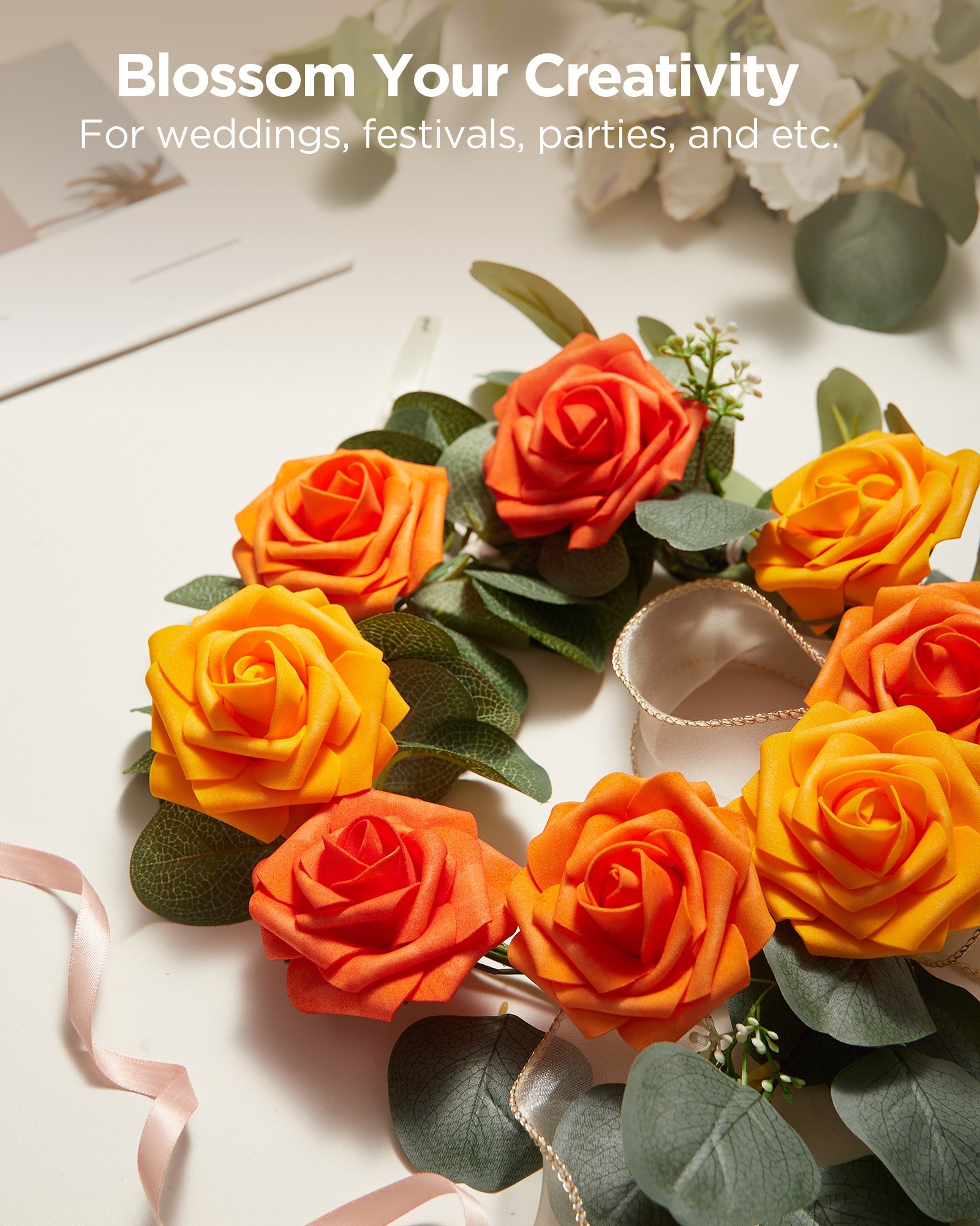 InnoGear Artificial Flowers, 50 Pcs Shades of Orange Foam Fake Roses Bulk with Stems for Decoration DIY Wedding Bouquets Centerpieces Bridal Shower Party Christmas Tree