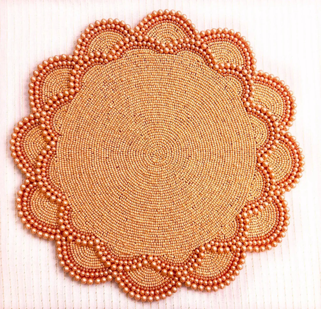 Set of 4 Large Pearl Flower Round Beaded Placemat - Orange