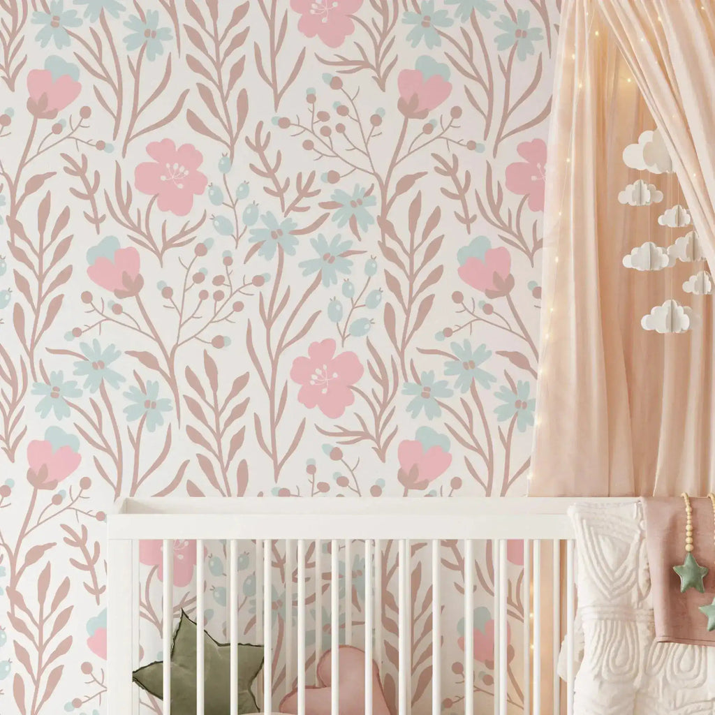 Nursery Flowers Botanical Pink Blue Floral Wallpaper