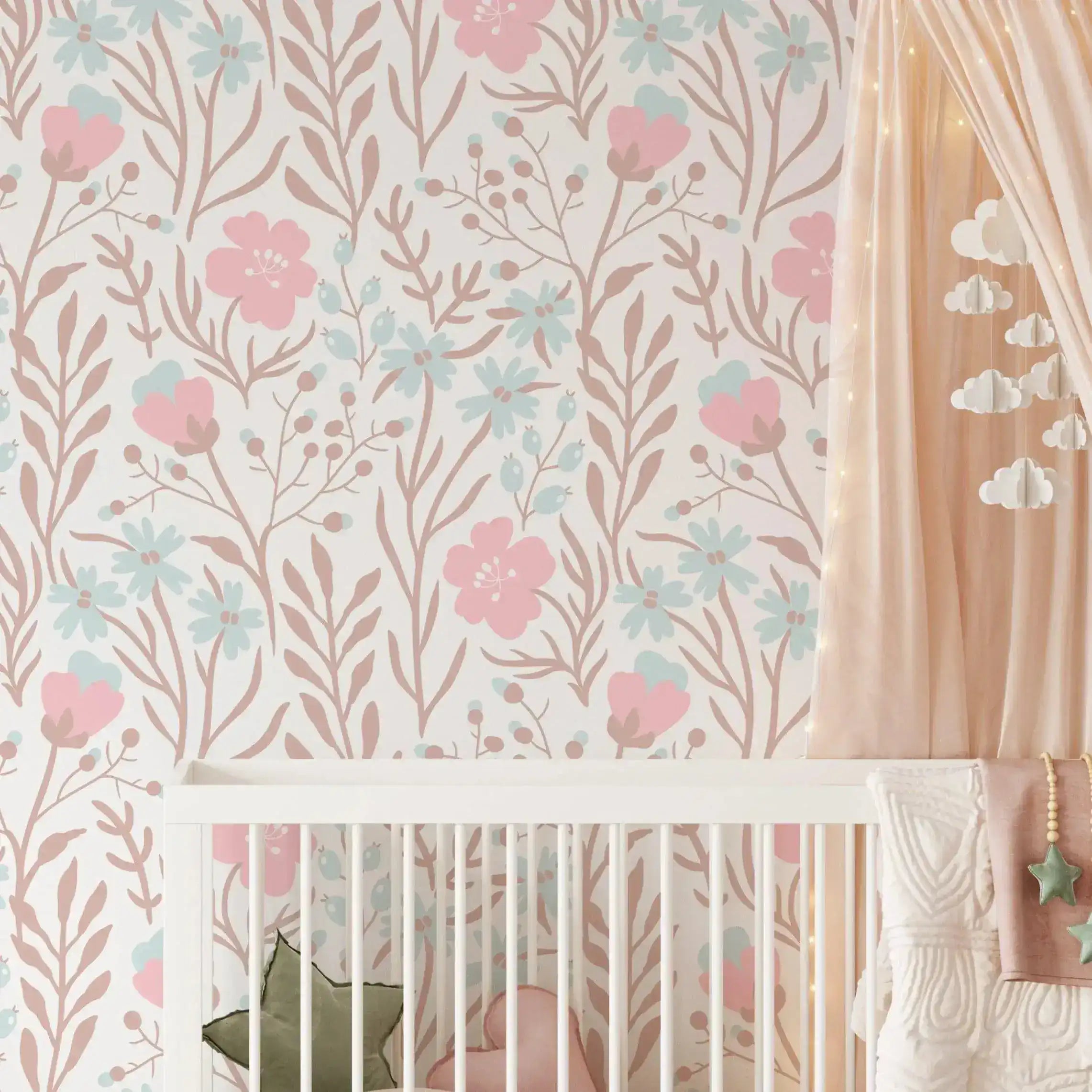 Nursery Flowers Botanical Pink Blue Floral Wallpaper