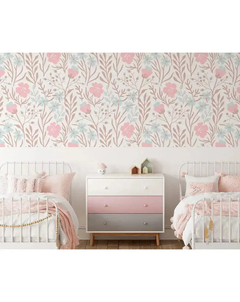 Nursery Flowers Botanical Pink Blue Floral Wallpaper