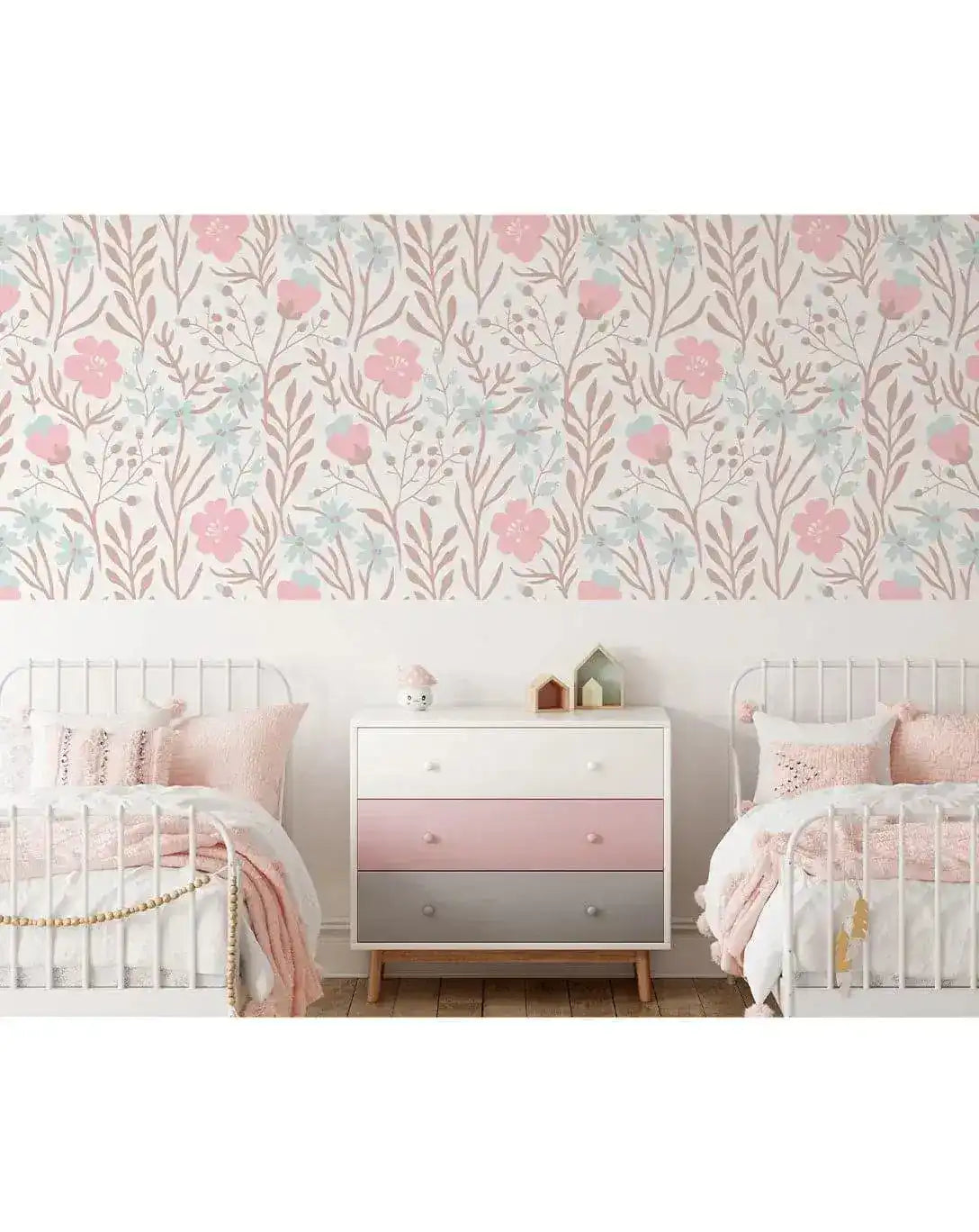 Nursery Flowers Botanical Pink Blue Floral Wallpaper