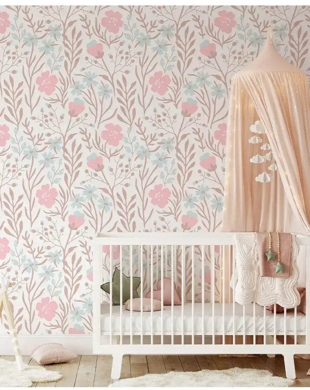 Nursery Flowers Botanical Pink Blue Floral Wallpaper
