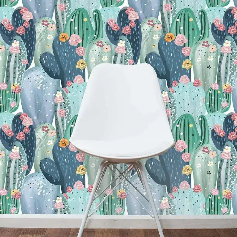 Watercolor Green Cactus Pink Flowers Removable Wallpaper