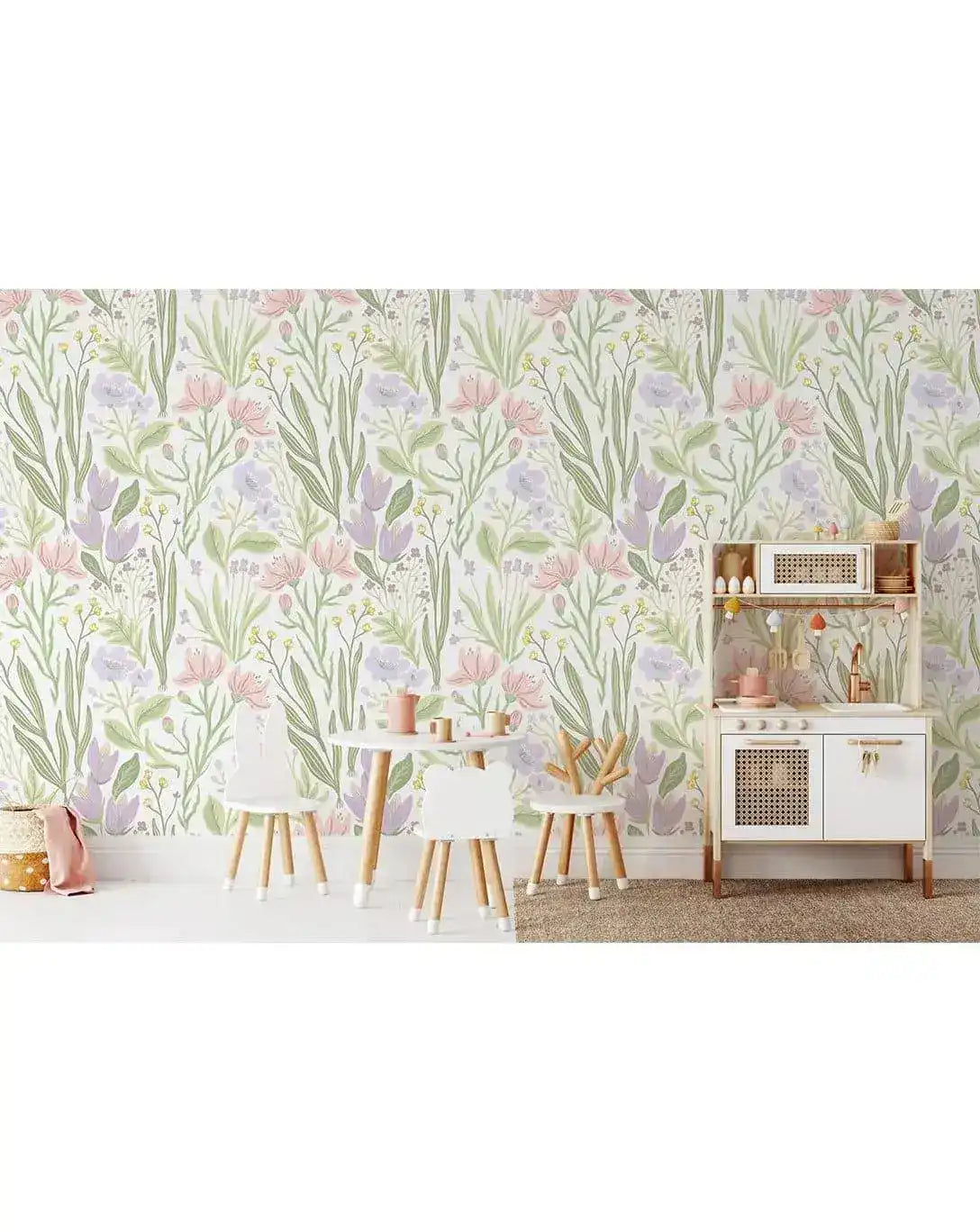 Pastel Flowers Botanical Pink Blue Purple Floral Wallpaper
