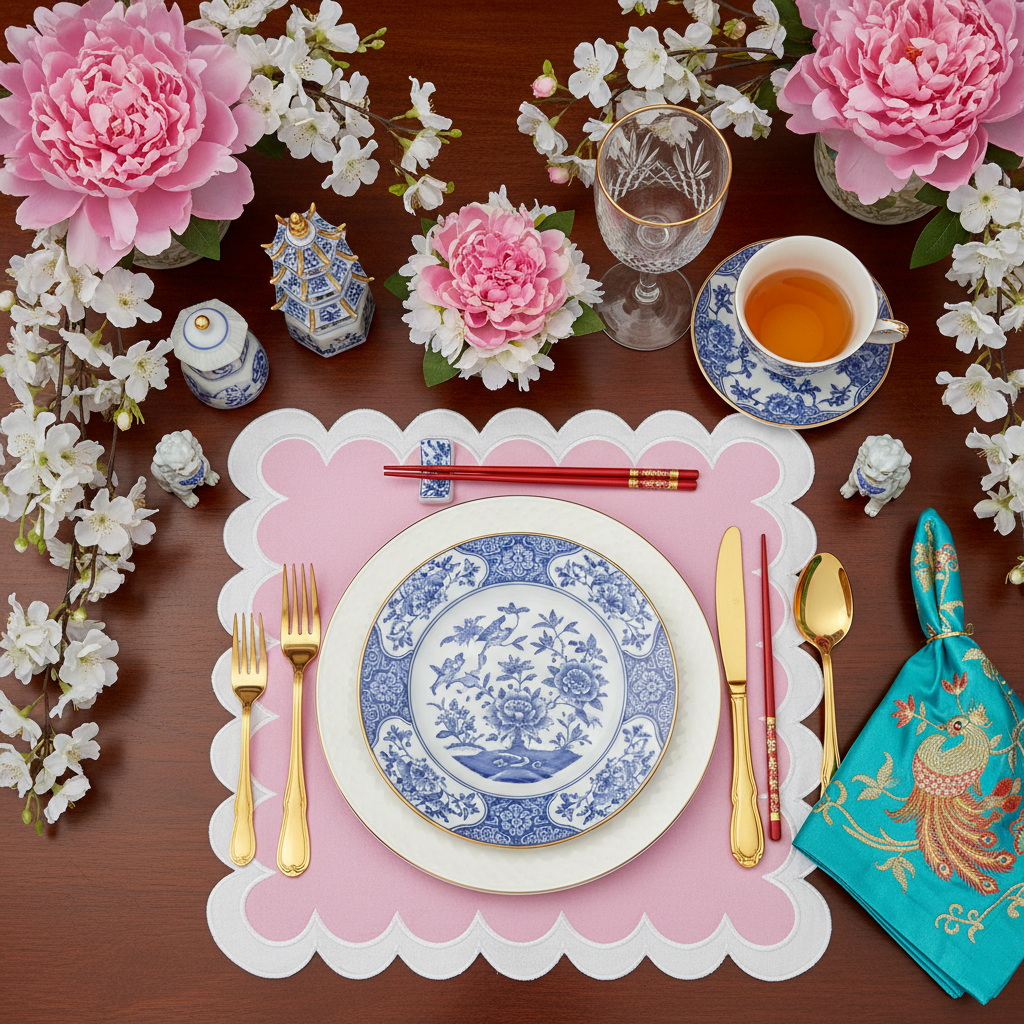 White Scalloped Pink Placemat set of 4