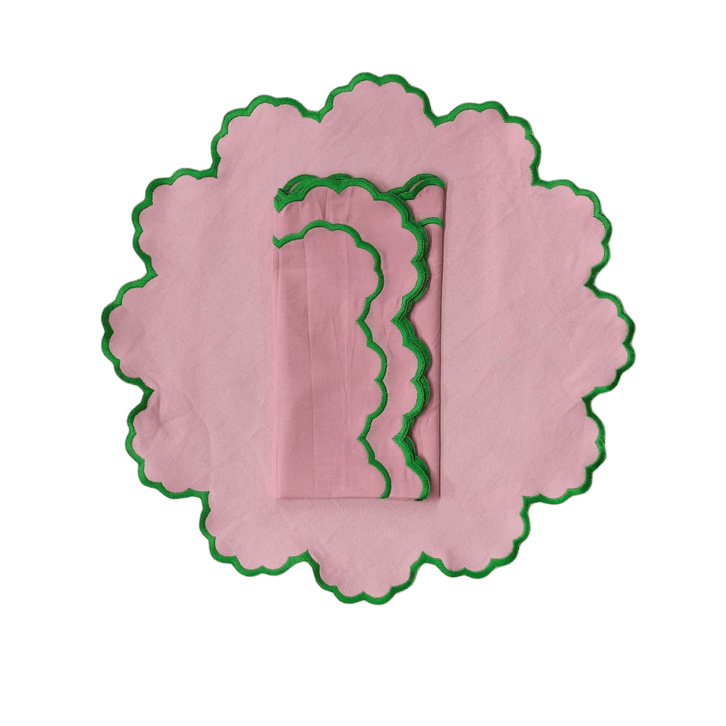 Scalloped Green and Pink Placemats + Napkins Set