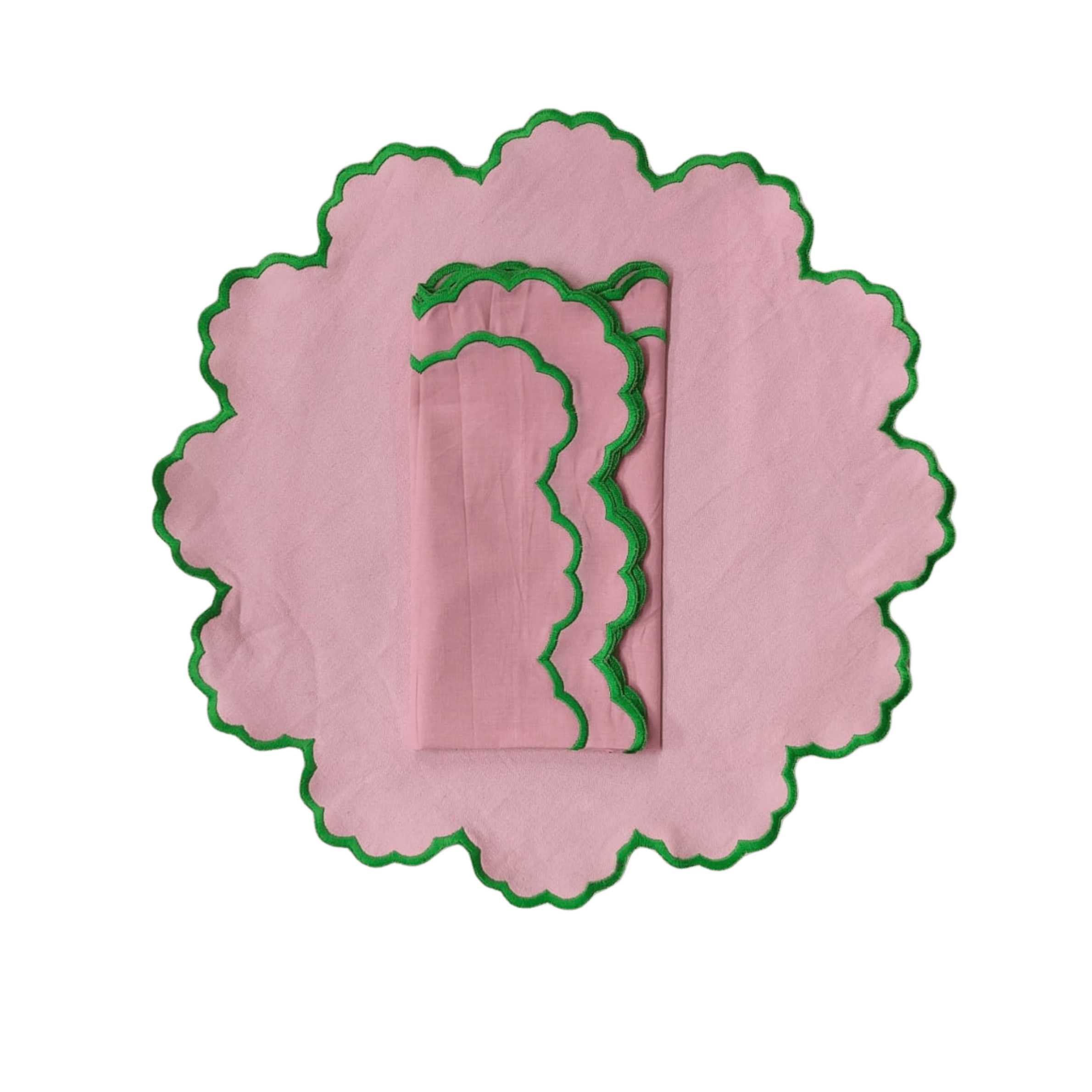 Scalloped Green and Pink Placemats + Napkins Set