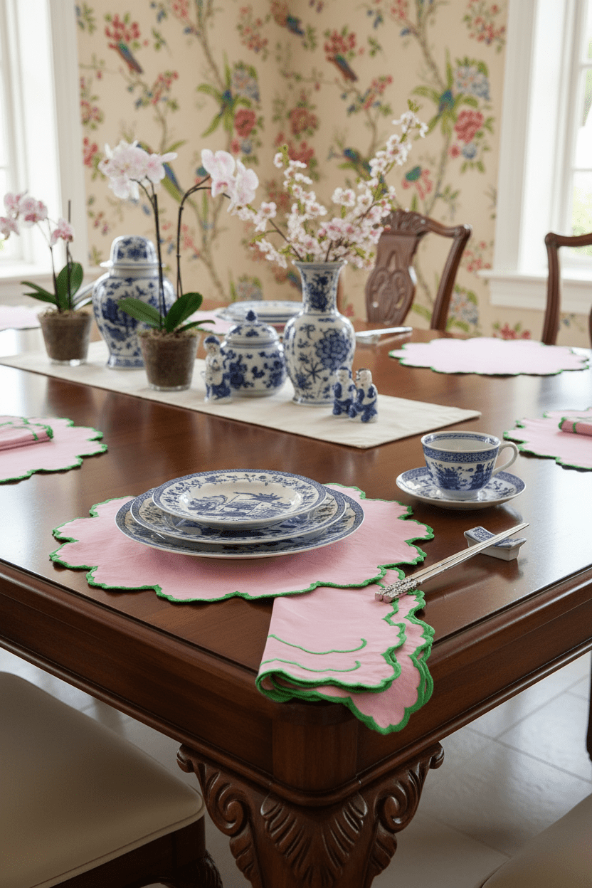 Scalloped Green and Pink Placemats + Napkins Set