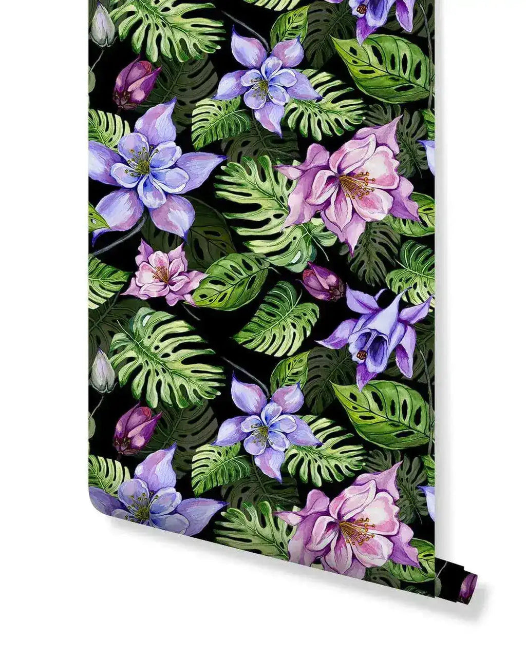 Tropical Monstera Leaves Purple Flowers Wallpaper