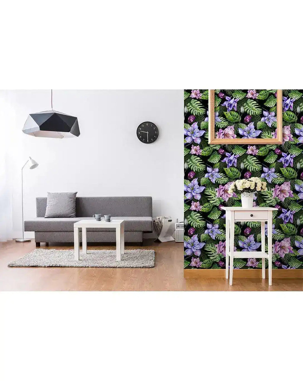 Tropical Monstera Leaves Purple Flowers Wallpaper