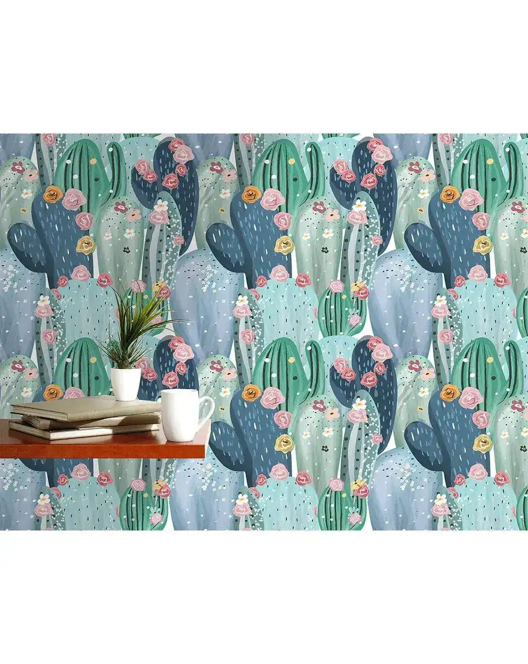 Watercolor Green Cactus Pink Flowers Removable Wallpaper