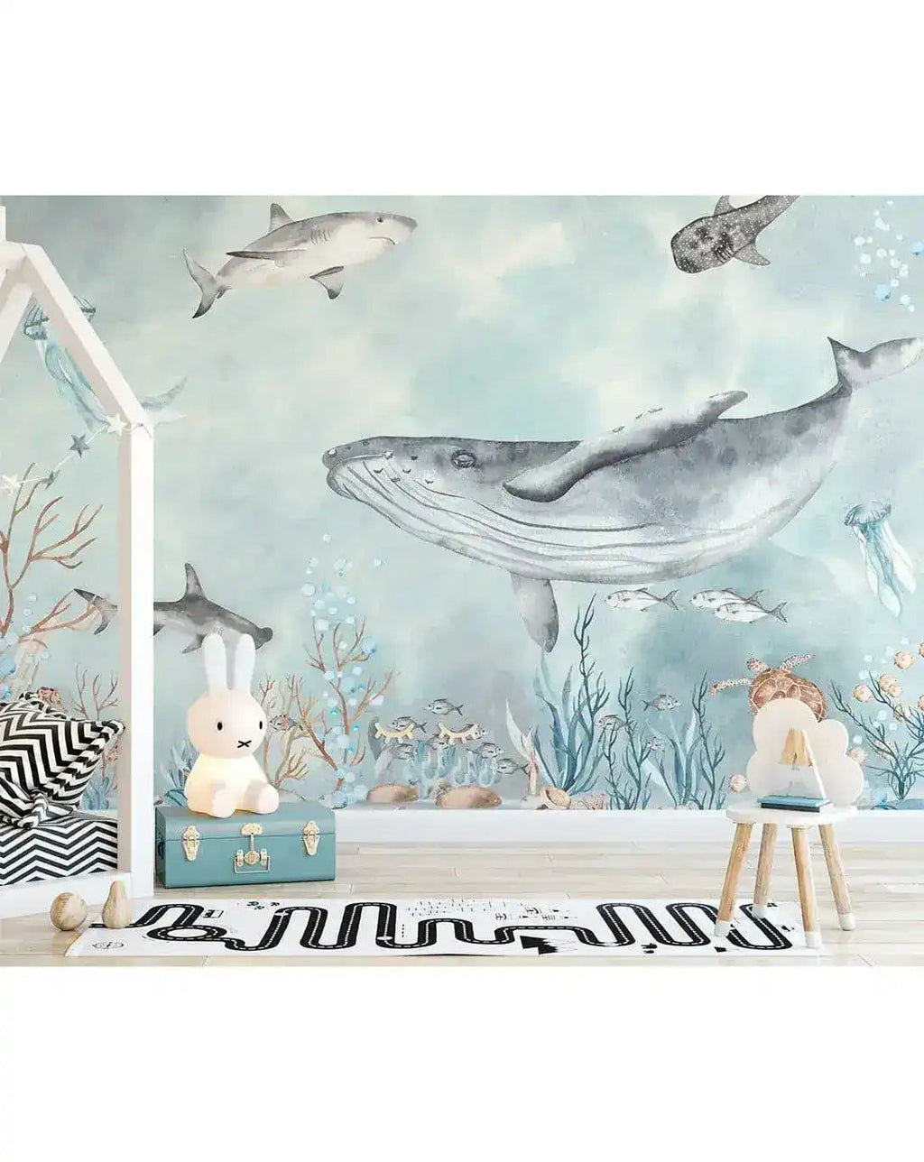 Watercolor Sea World Ocean Fish Turtle Dolphin Jellyfish Wall Mural