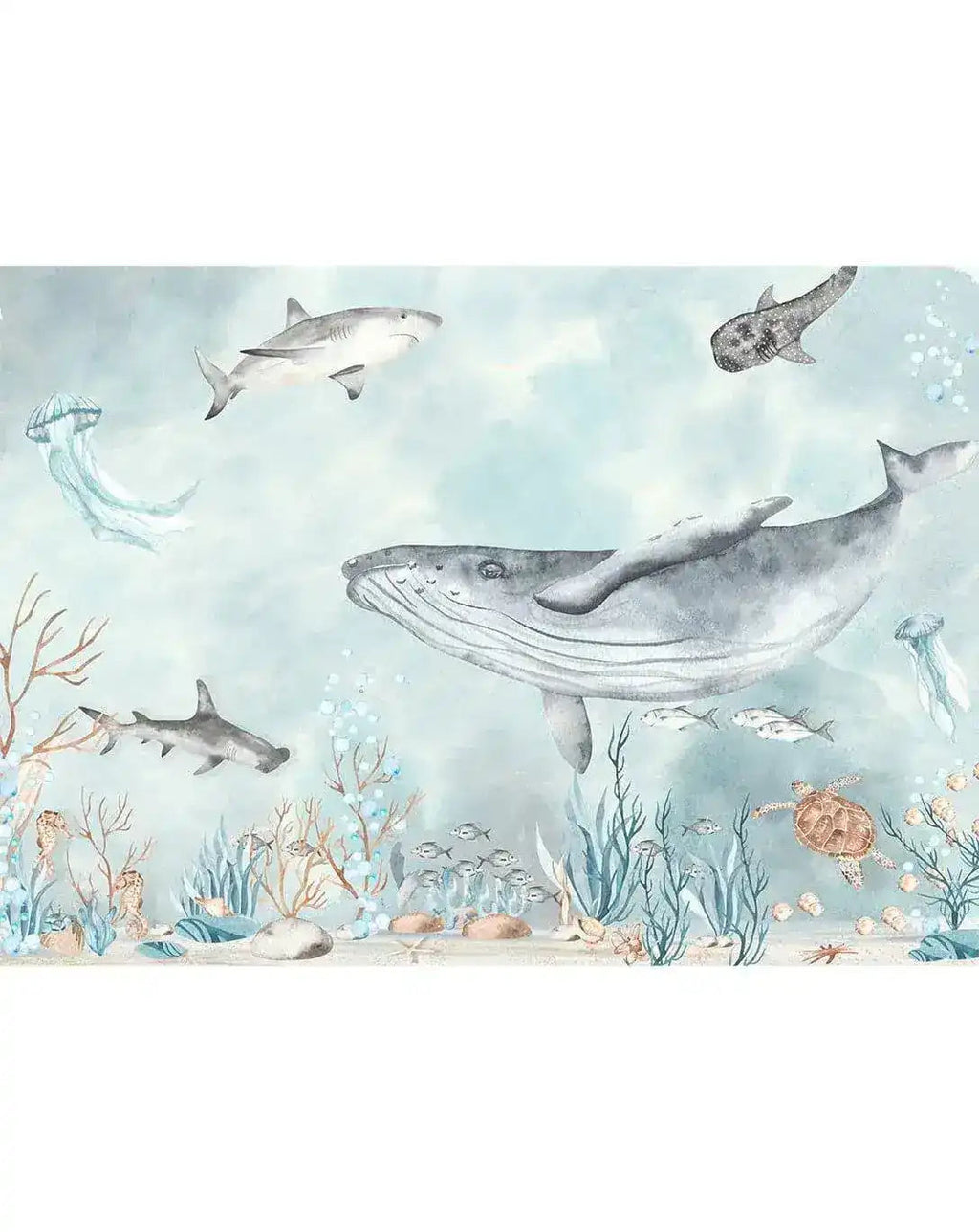 Watercolor Sea World Ocean Fish Turtle Dolphin Jellyfish Wall Mural