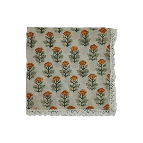 Beige Spring Floral Hand Block Printed Cotton Napkins