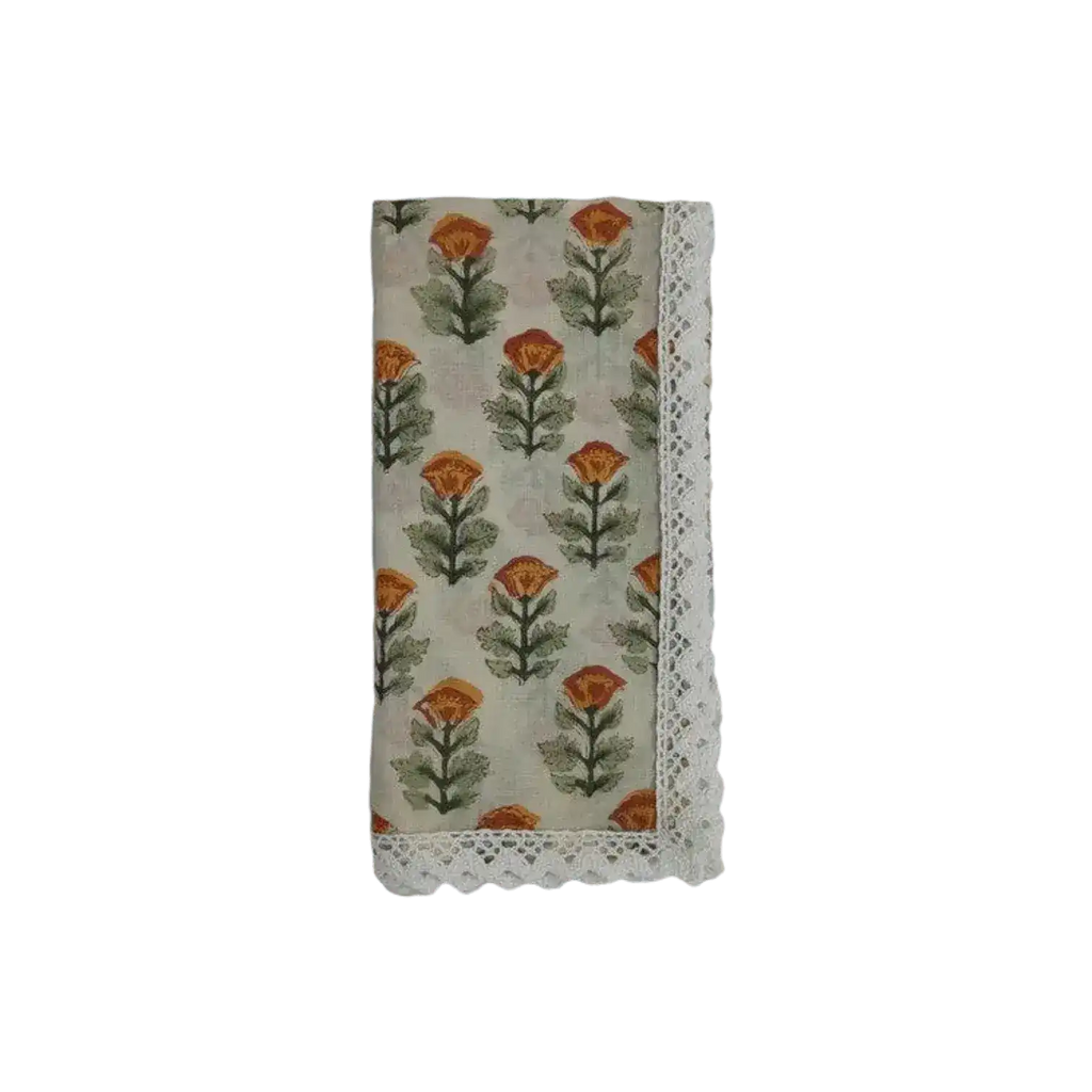 Beige Spring Floral Hand Block Printed Cotton Napkins