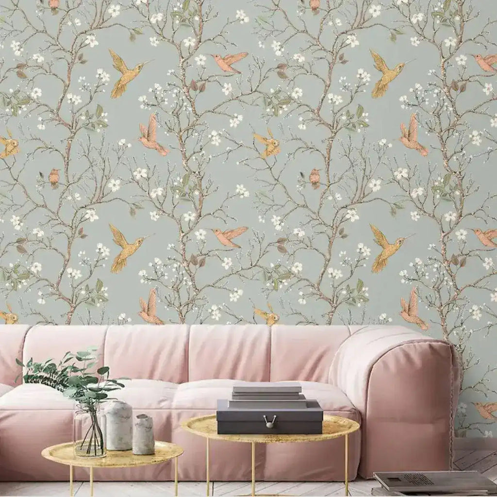 Birds and Tree Gray Traditional Chinoiserie Wallpaper Mural