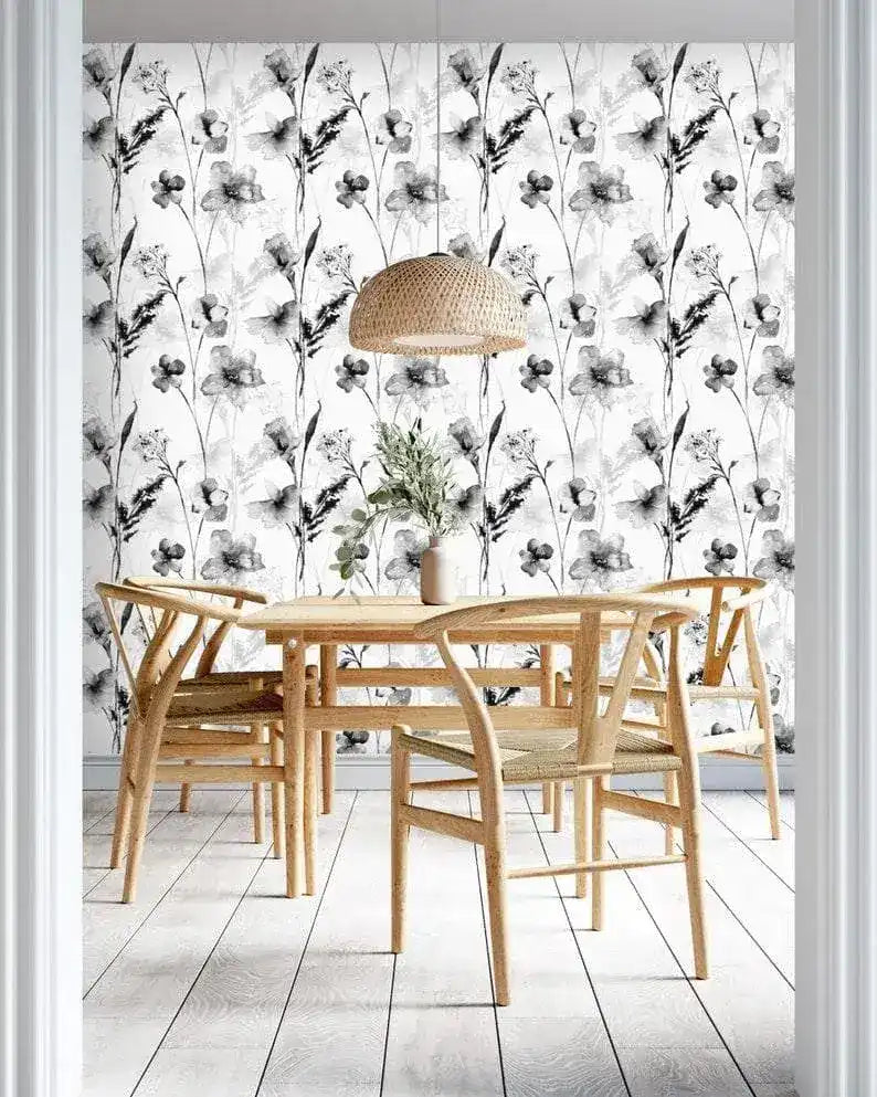 Black and White Delicate Floral Watercolor Wallpaper