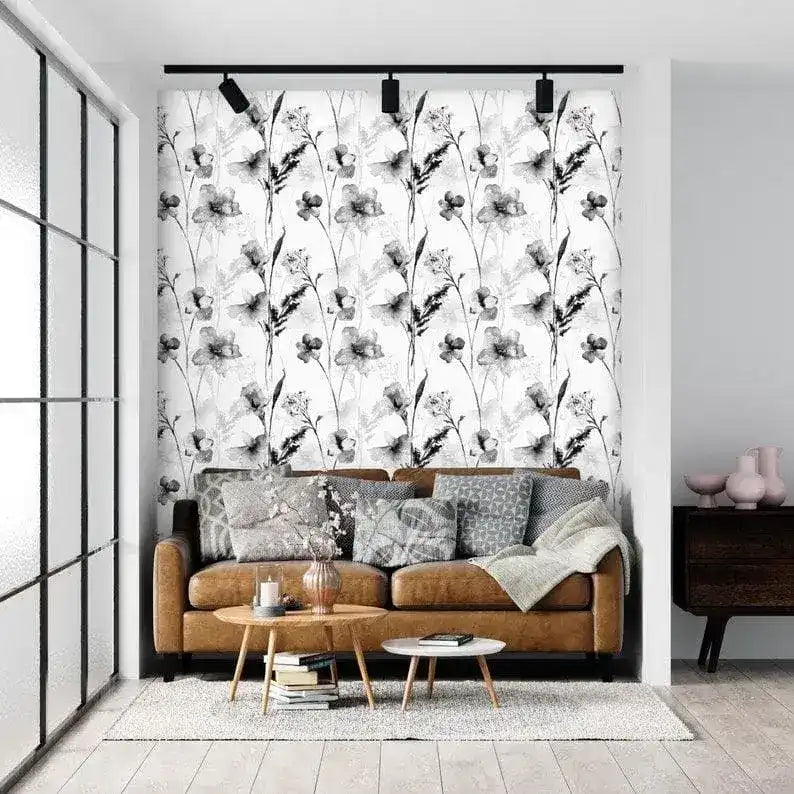 Black and White Delicate Floral Watercolor Wallpaper