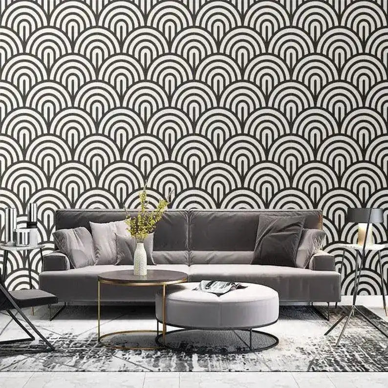 Black and White Geometric Fish Scale Art Deco Wallpaper
