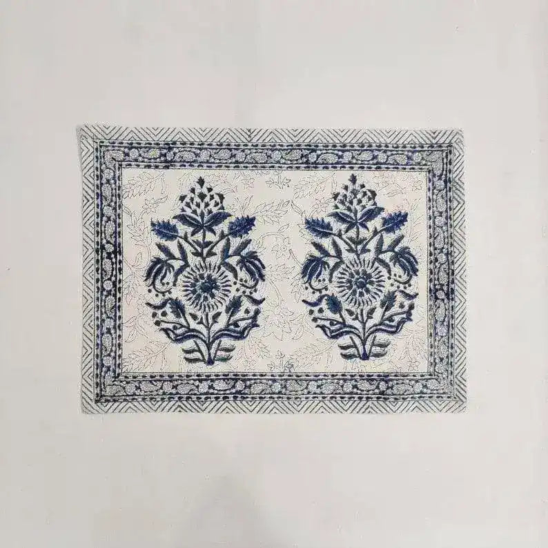 Block Printed Floral White and Blue Cotton Placemats