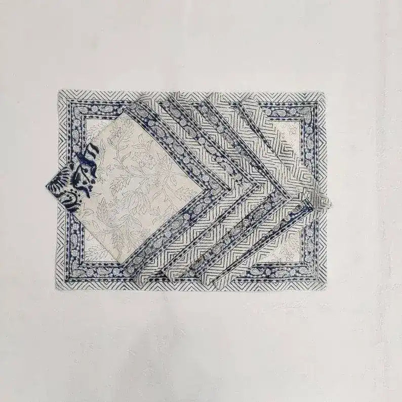 Block Printed Floral White and Blue Cotton Placemats